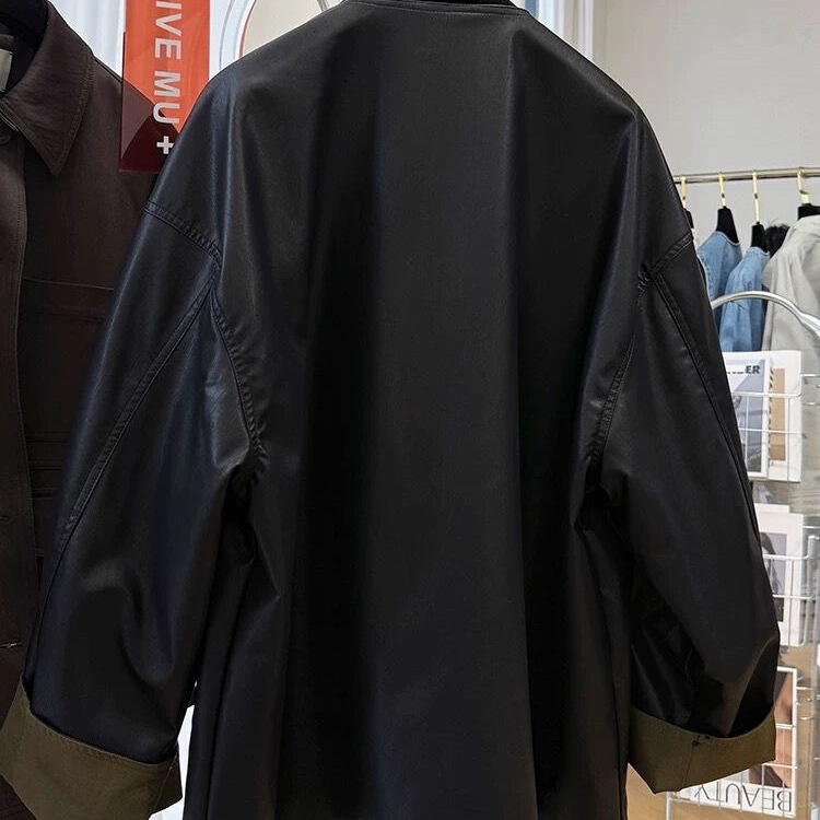 2025超火新款慵懒风宽松休闲两面穿圆领皮衣外套女秋冬pu皮夹克|undefined