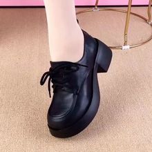 单鞋女2025夏季新款时尚百搭系带圆头深口乐福鞋休闲粗跟英伦女鞋