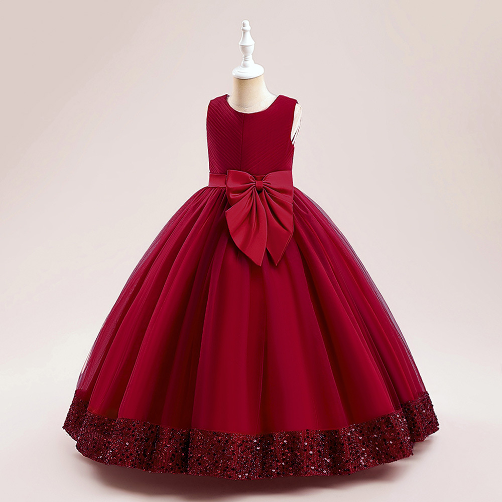 Europa y América nuevo vestido de lentejuelas niños arco princesa vestido de niña de las flores vestido de novia medio y grandes niños malla pettiskirt