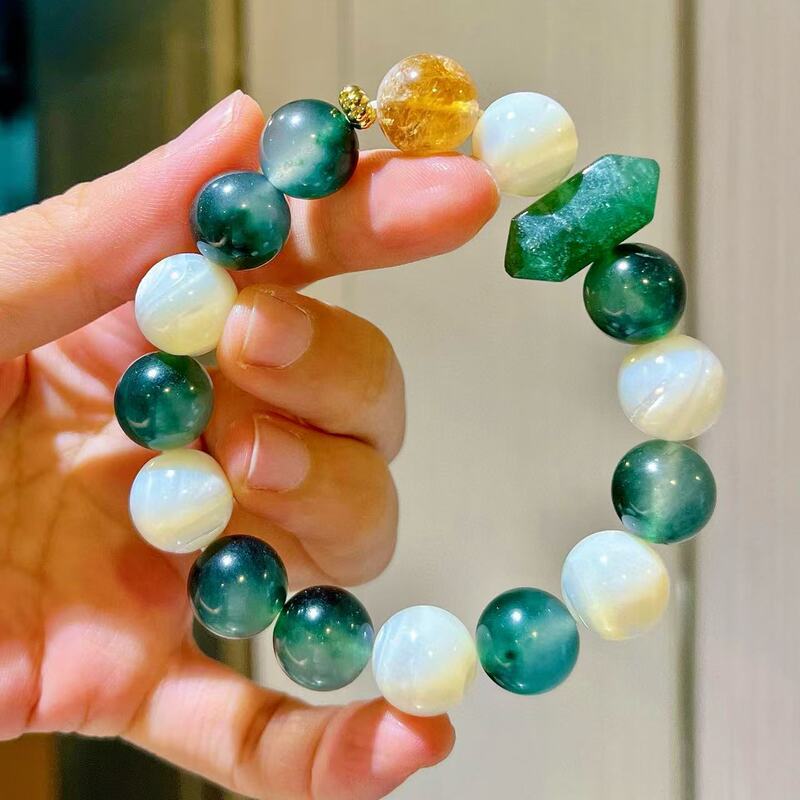 Large Particle 12mm Water Grass Agate Color Quartz Rock Natural Citrine Green Strawberry Shell Bracelet