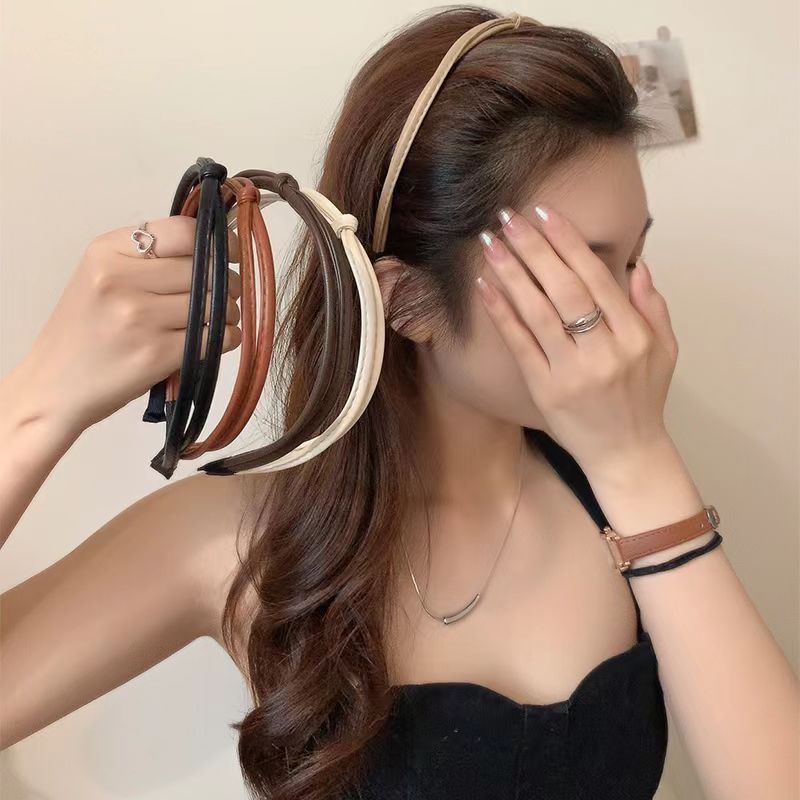 Korean Style Leather Fine Hair Band Pressed Hair Clips Headband Internet Popular 2024 New Style Hair Bundle All-match Outgoing Hair Band Headwear for Women
