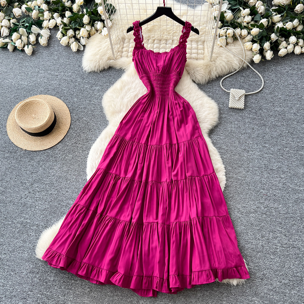 Women's French Romantic Style Halter Neck Ruffled Dress Slimming A-Line Summer Style Tie Waist Gown With Flowing Drape_ecoleips.com