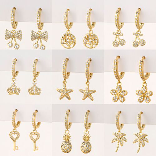 Cross-border fashion micro-set zirconia cross pendant earrings with bow and palm shape ear hooks for women, lightweight luxury, niche earrings
