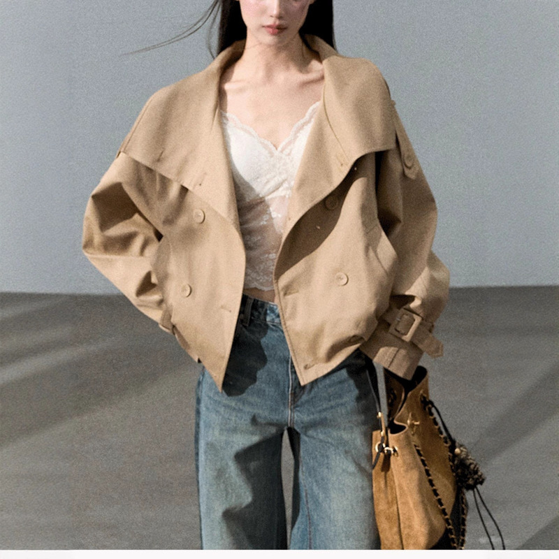 Through the Oak Forest Lyocell Cotton Stand Collar Windbreaker Jacket Double-Breasted Short Coat Top for Women