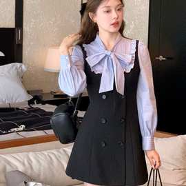 大码女装胖mm千金学院风假两件蝴蝶结黑色连衣裙小香风撞色衬衫裙