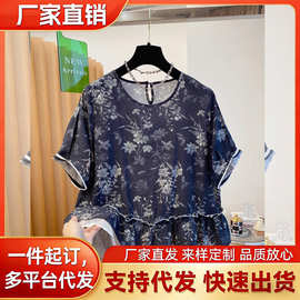 新中式夏季印花半开领下摆网纱微透宽松娃娃衫女衬衣短袖大码国风