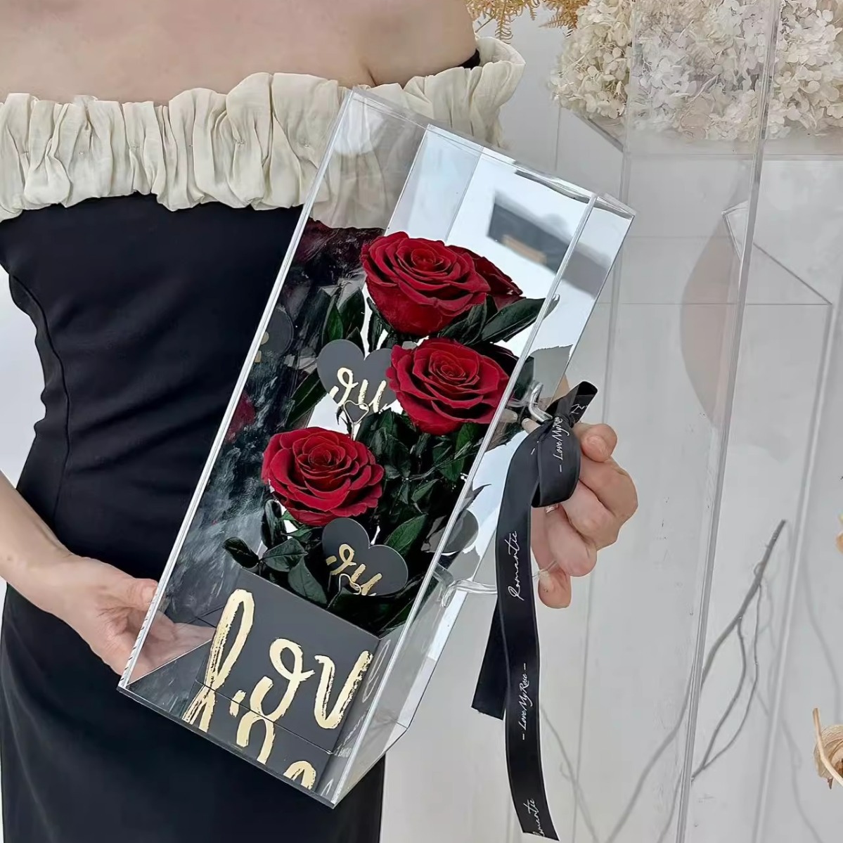 Día de San Valentín flores eternas rosas acrílicas cajas de regalo acabados adornos para la novia esposa regalos de flores reales