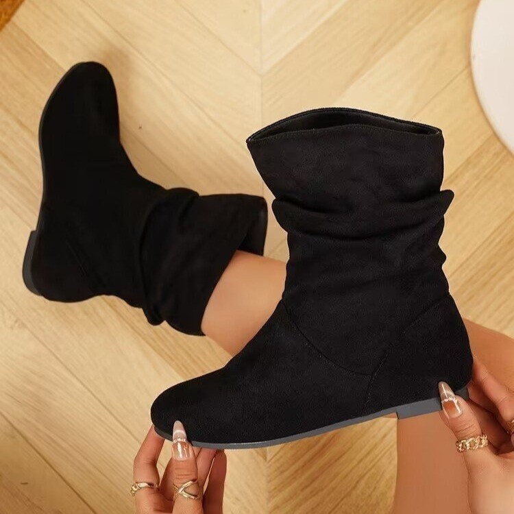 Women's Pleated Slouch Boots Round Toe Suede Mid Calf Retro Style Plus Size Winter_voghion.com
