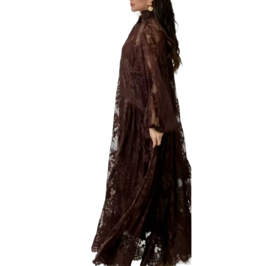 Elegant Deep Brown Maxi Dress With Lace Panels And Defined Waist | Flowy A-Line Skirt For Special Occasions_ecoleips.com