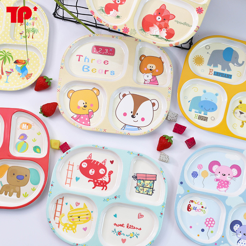 Factory supply melamine tableware household light food simple meal grid plate meal sharing cartoon four grid plate creative gift