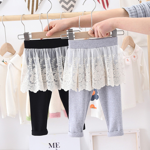 Girls' culottes cotton spring and autumn new children's pants baby lace fake two-piece leggings trousers