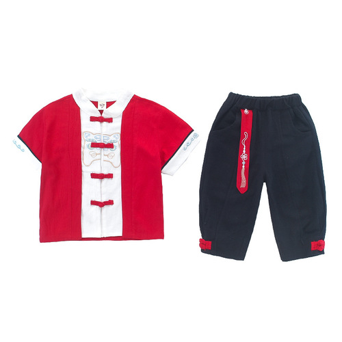 Children's Tang suit boys Chinese style new short-sleeved young master suit girls cotton and linen Hanfu 61 performance clothes wholesale