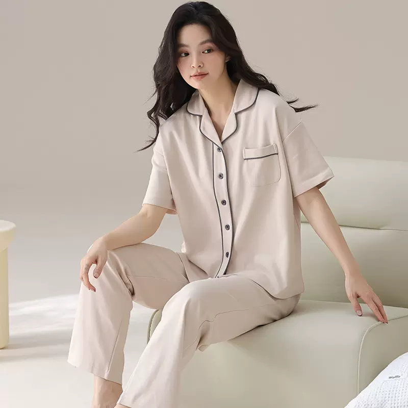 2025新款睡衣女夏季高级感抗菌凉感棉拉架短袖长裤翻领两件套定制