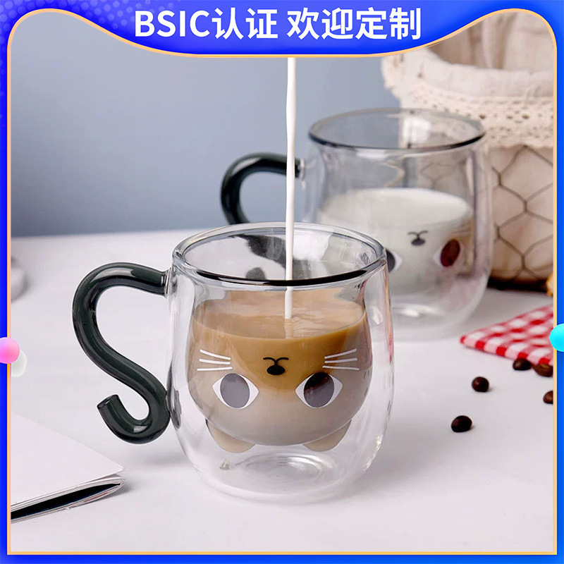 Creative cartoon kitten water cup with handle transparent glass cup…