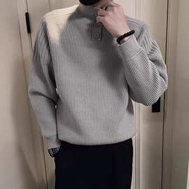 男士黑色毛衣排扣高领打底衫内搭线衣新款秋冬季潮牌帅气针织衫