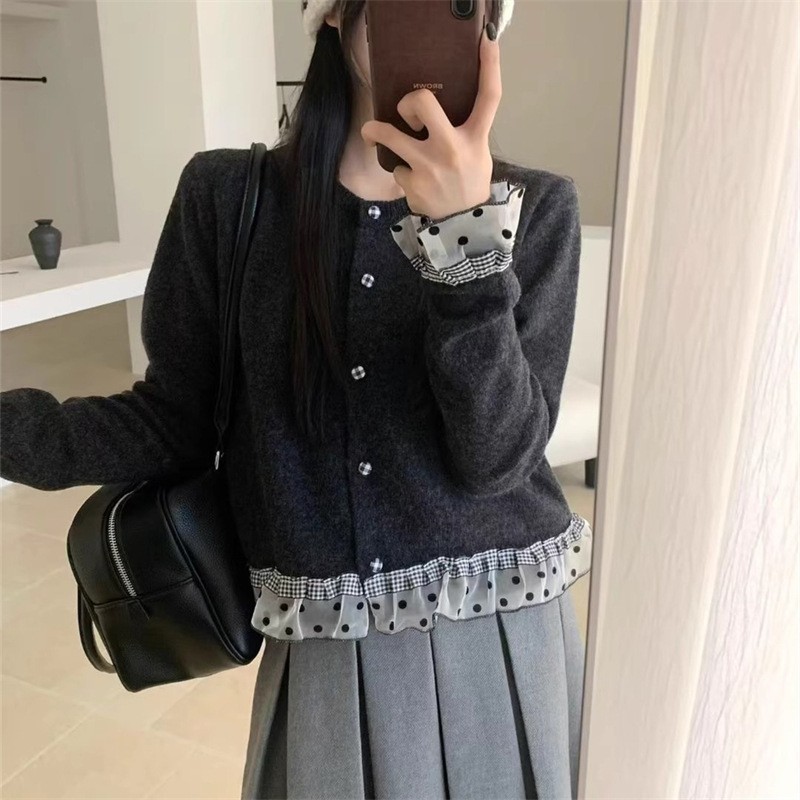 KANING韩系甜美蕾丝拼接针织衫开衫2025秋冬新款气质短款毛衣上衣|undefined