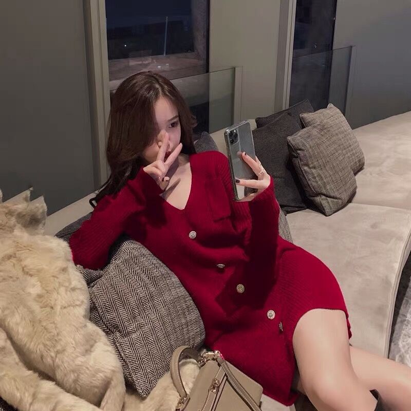 Autumn and Winter Women's New Year's Gown This Year Sweater Skirt Christmas Chanel French Red Knitted Dress Autumn and Winter Women's New Year's Gown This Year Sweater Skirt Christmas Chanel French Red Knitted Dress