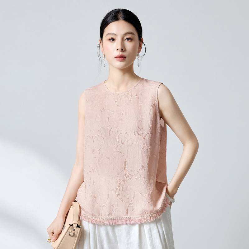 26Summer Original New Chinese Style Soft Pink Jacquard Textured Sleeveless Blouse for Women, Age-Reducing and Slimming with Tassel Design 3333 26Summer Original New Chinese Style Soft Pink Jacquard Textured Sleeveless Blouse for Women, Age-Reducing and Slimming with Tassel Design 3333