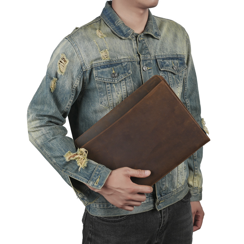 Business A4 leather folder zipper bag, crazy horse leather document organizer, multi-functional tablet bag, iPad protective case