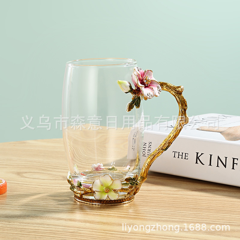 Esmalte taza de agua de color flor creativa taza de té taza de jugo taza de vidrio de cristal resistente al calor taza de café taza de pareja de gama alta regalo de la taza