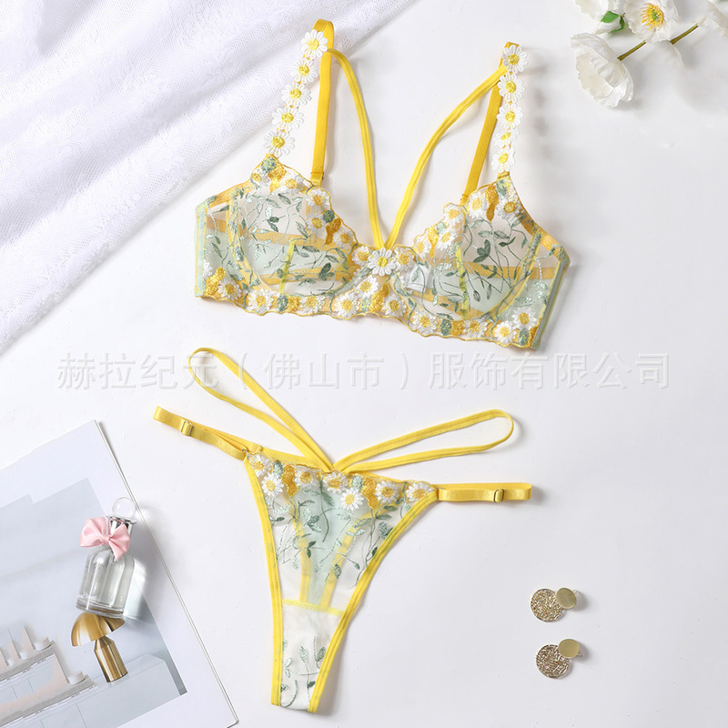 Yellow Lace Floral Embroidery Bra and Panty Set, See-Through Sexy Alluring Lingerie, Pure Desire Style