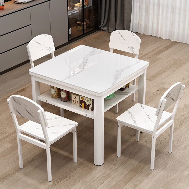 Double-Layer Square Table Tempered Glass Dining Table and Chair Combination Square Table Household Square Dining Table and Chair Storage Compact