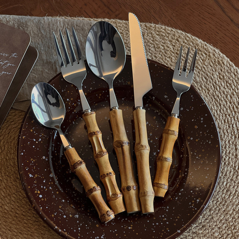 304 Stainless Steel Knife, Fork and Spoon Natural Bamboo Handle Western Steak Knife and Fork Dessert Spoon Fork Tableware Set 304 Stainless Steel Knife, Fork and Spoon Natural Bamboo Handle Western Steak Knife and Fork Dessert Spoon Fork Tableware Set