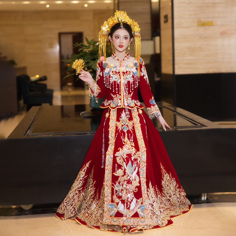 2026 New Velvet Xiuhe Wedding Dress, New Chinese-Style Wedding Gown, Slimming Bride Dress, Banquet Dress, Embroidered Dress