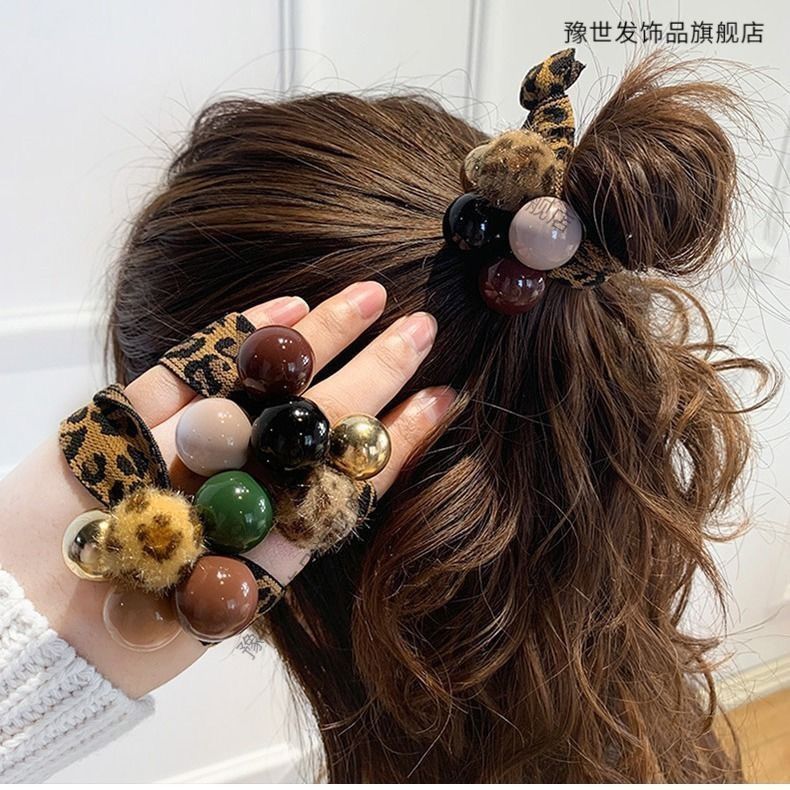 Internet Celebrant Hair Rope Leopard Hair Ring Adult Headwear Bracelet Dual-use Simple Hair Rope Pearl Rubber Band Hair Accessories