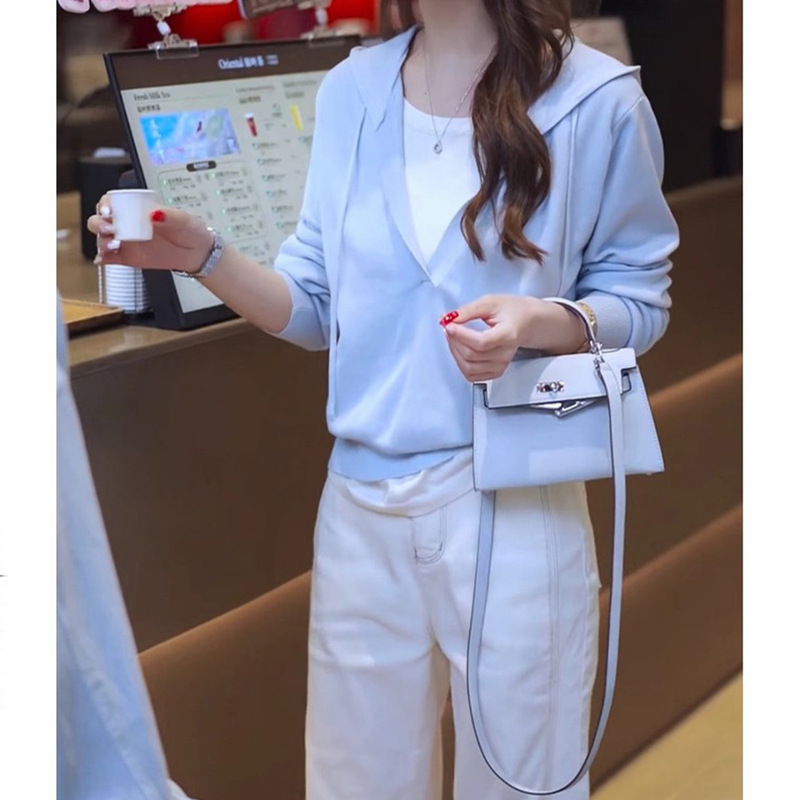 Autumn New Fake Two-Piece Hooded Tencel Cool Knitwear Long-Sleeved Top + Casual Leg-Length Straight Jeans