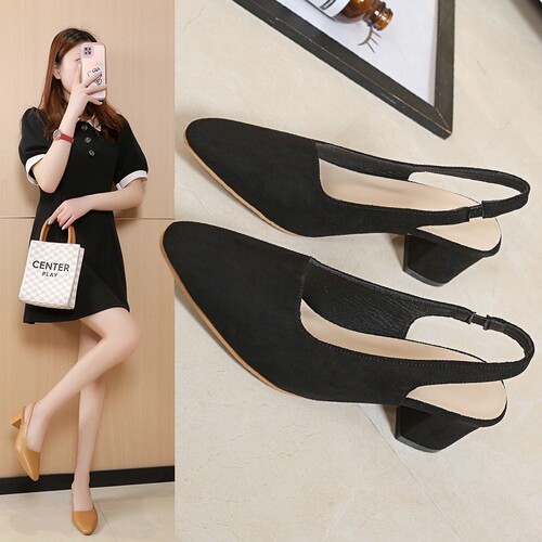 Baotou rear empty sandals for women's summer new style British elastic band women's fashionable thick heel pointed sandals
