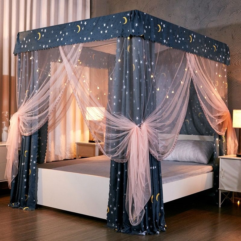 Cortina de cama de tres puertas para dormitorio piso a prueba de viento cortina de cama caliente para cuatro estaciones general a prueba de polvo mosquiteros