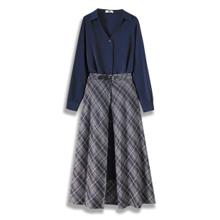 65.00 kg-160.00 kg plus size retro suit spring and autumn slightly fat woman high-end shirt skirt plaid skirt