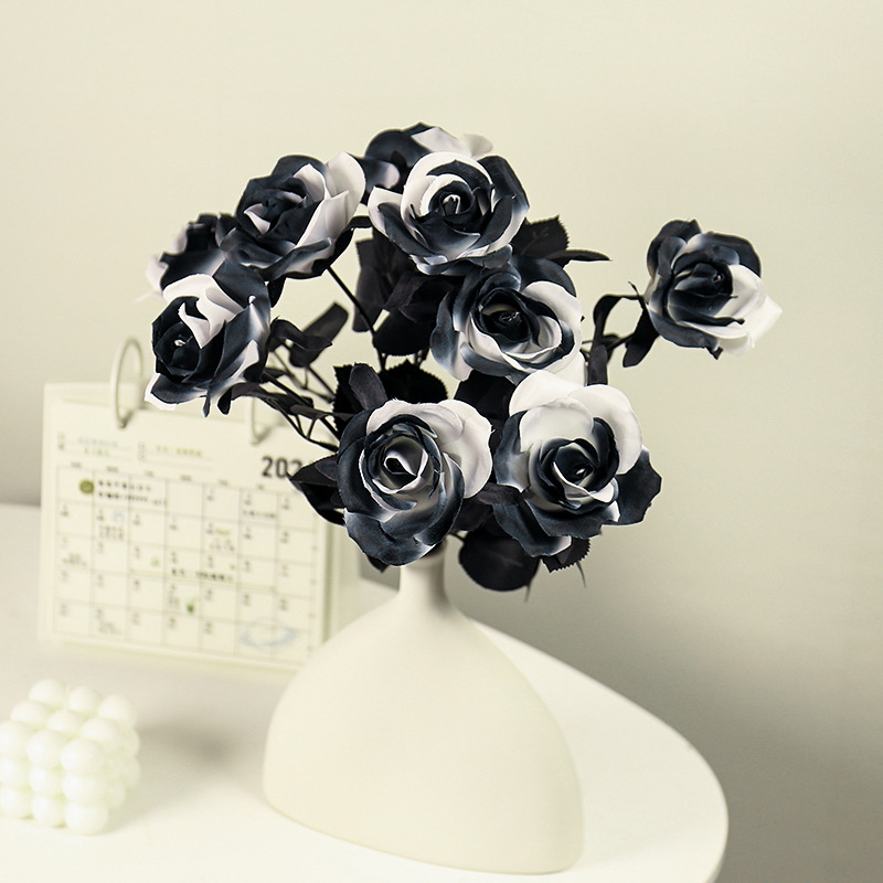 Halloween black simulation rose flower ornaments flower arrangement props fake flowers home display simple black and white simulation flowers