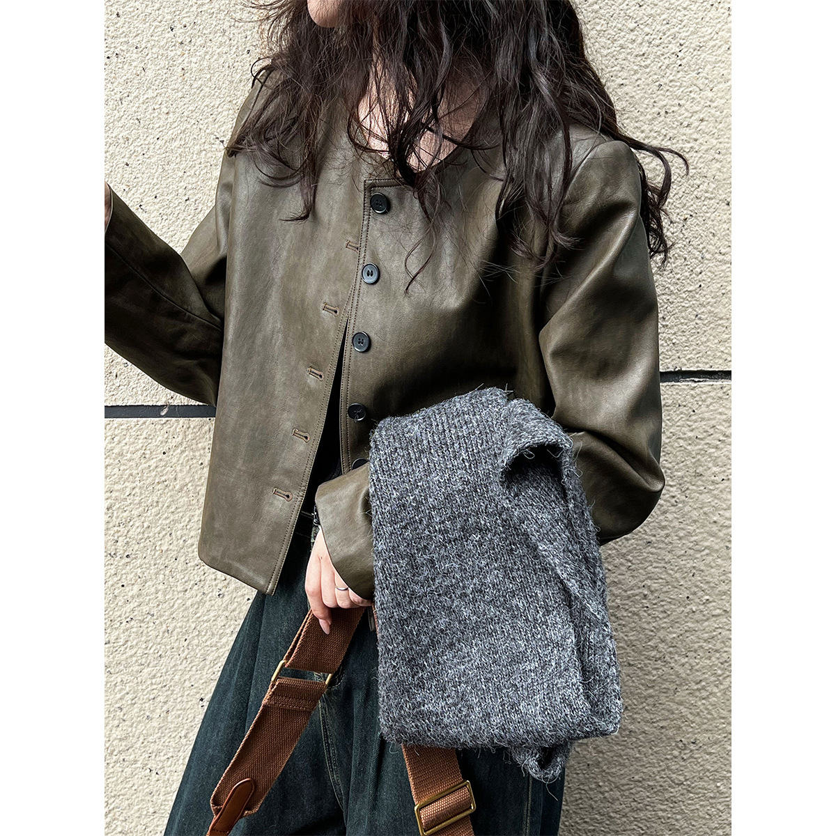 Vintage Hong Kong Style Round Neck Pu Leather Jacket for Women, Green Single-Breasted Jacket Top 7060