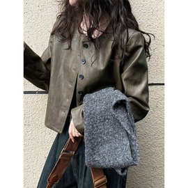 奈司做旧港风圆领PU皮衣春季复古外套女咖绿色单排扣夹克上衣7060