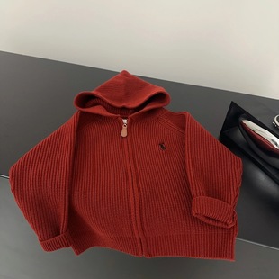 In Stock!! Autumn and Winter Children's Winter Hooded Versatile Retro Texture Korean Style Knitted Red Cardigan with Embroidery