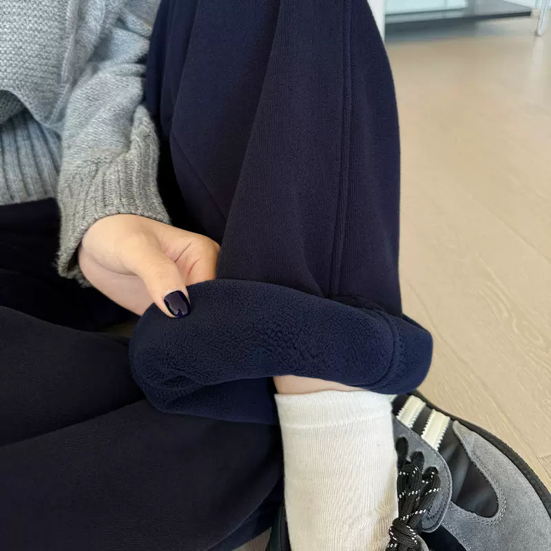 高克重奥粒绒加绒运动裤女秋冬新款显瘦直筒裤卫裤加厚美式阔腿裤