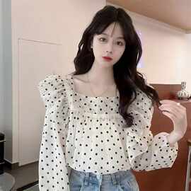 D6Y法式洋气设计感小众长袖荷叶边波点雪纺衬衫小个子女春季
