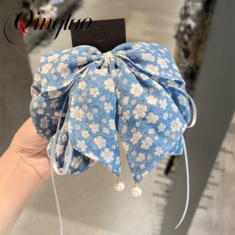 Blue Printed Bow Ribbon Clip, New Pearl Pendant Ponytail Clip, Elegant Classy Shark Clip on the Back of the Head