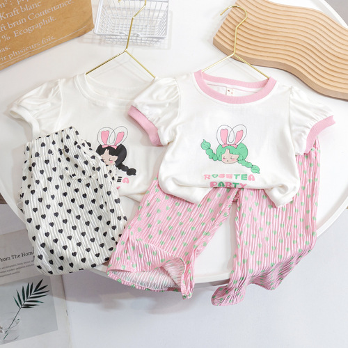 Children's Suit  New Cotton Girls Cartoon T-Shirt Cute Baby Love Anti-mosquito Pants Korean Version Two-piece Set