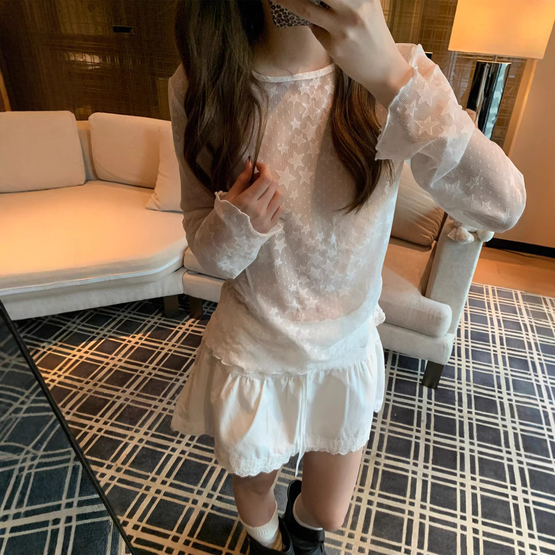 透视星星百搭蕾丝长袖打底衫女早春内搭上衣网纱T恤网纱打底衫