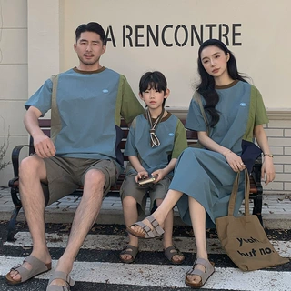 网红亲子装夏季新款设计感撞色速干短袖T恤母女连衣裙户外家庭装t