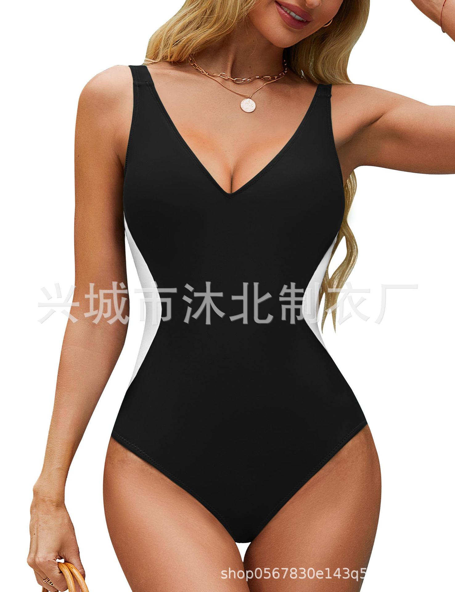 Traje de Baño Enterizo para Mujer, Estilo Europeo y Americano, con Tirantes, Ajustado, Reductor de Abdomen, Escote en V Profundo, Bloques de Color, Espalda Cruzada, 2025