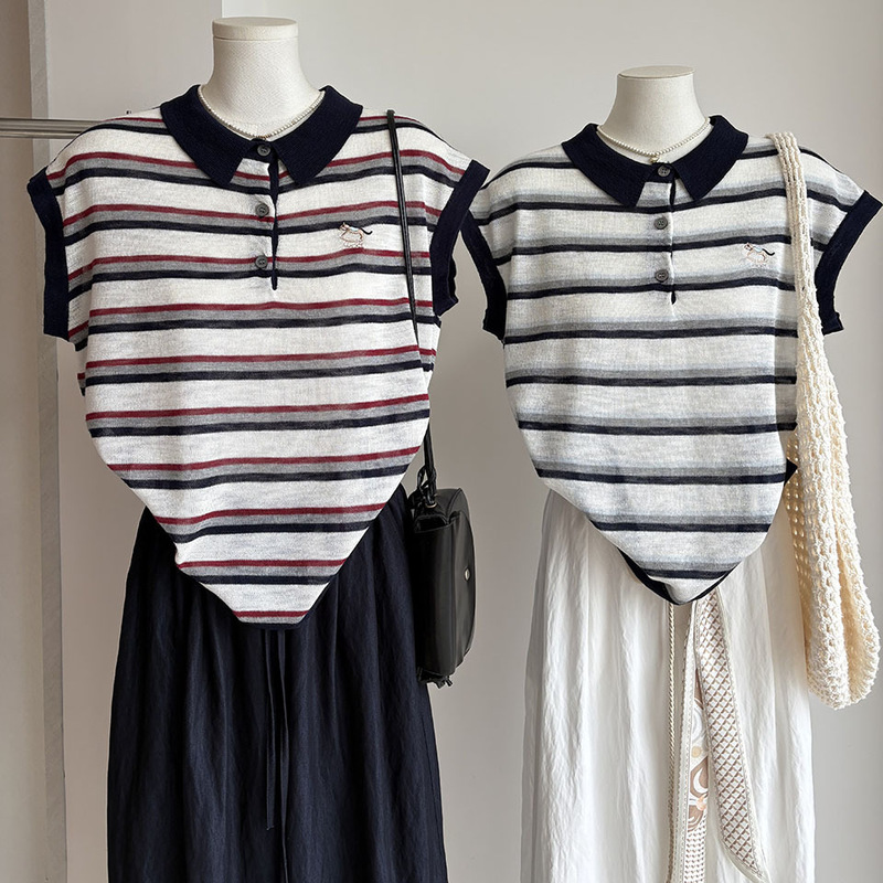 [Bizheng] 2026 Summer New Product Korean Style Polo Collar Thin Embroidered Stripesd Loose Knitted T-Shirt for Women 6842