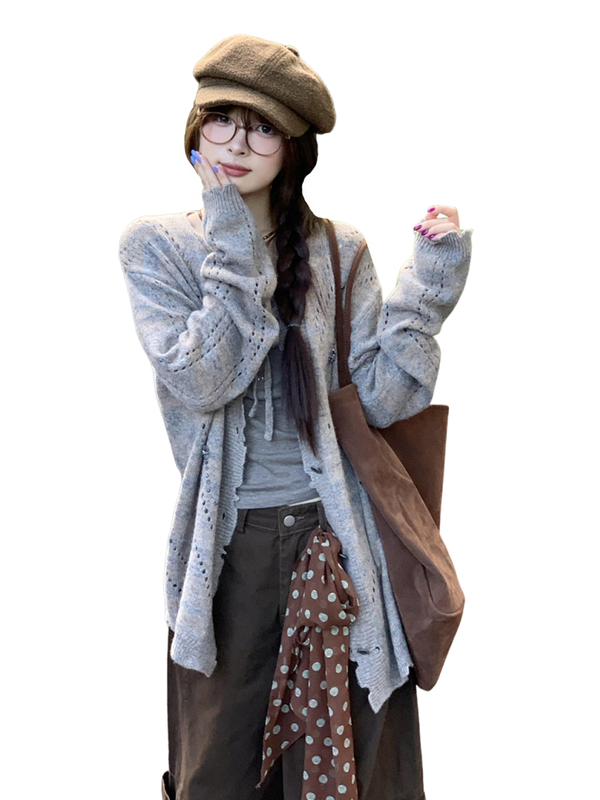 韩系灰色镂空v领针织开衫外套女2025新款早秋chic慵懒风外搭上衣|undefined