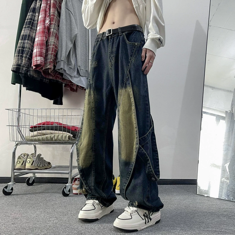 Gaojie Heavy Industries деконструированный дизайн сшивания джинсы мужские американские стирание новые ретро прямые брюки Vibe