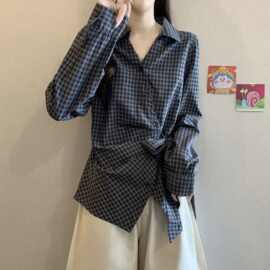 大码女装2026春秋新款韩版不规则格子衬衣胖上衣绑带收腰衬衫女
