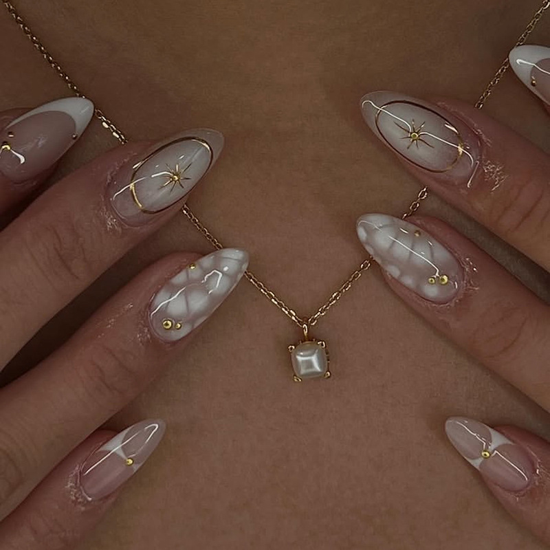 Cross-Border Wearable Long Almond-Shaped White French Cloud Smudged Manicure Gold Star Fake Nails Wholesale