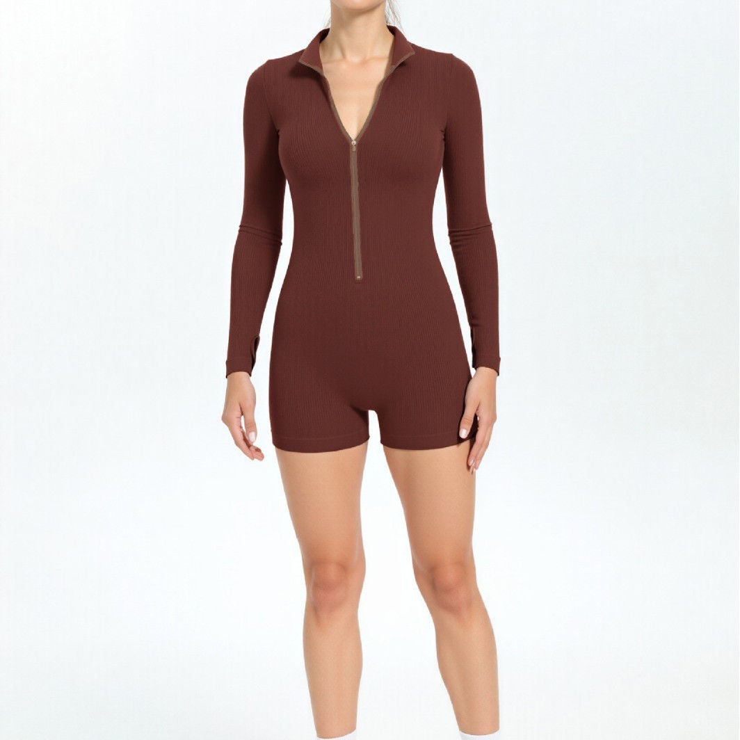 European and American Autumn and Winter Seamless Knitted Ribbed Stand-Up Collar Zipper Long-Sleeved Thumb Sleeve Sports Yoga Jumpsuit